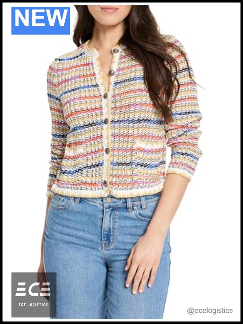 Coastal Crochet Knit Cardigan Button Front Long Sleeve Cotton Stripe